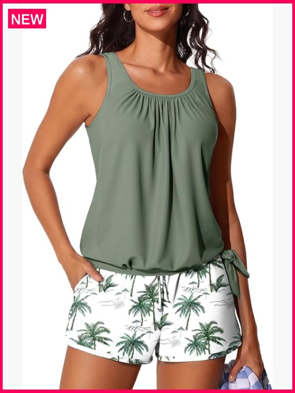 Blouson Tankini with Shorts Tummy Control Side Pockets Two Piece Swimwear